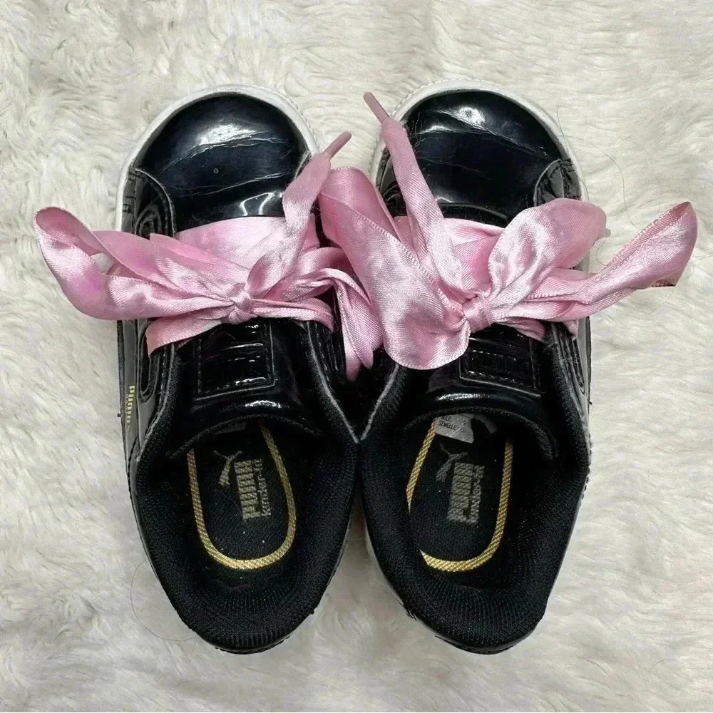 Puma Basket Heart Patent Black Sneakers  Pink Laces Size 8 - Picture 9 of 16